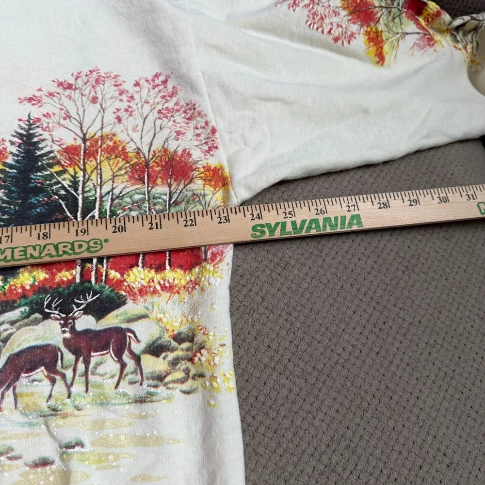 Vintage 1990s Nature Scene Deer Covered Bridge Sweatshirt Cream XL